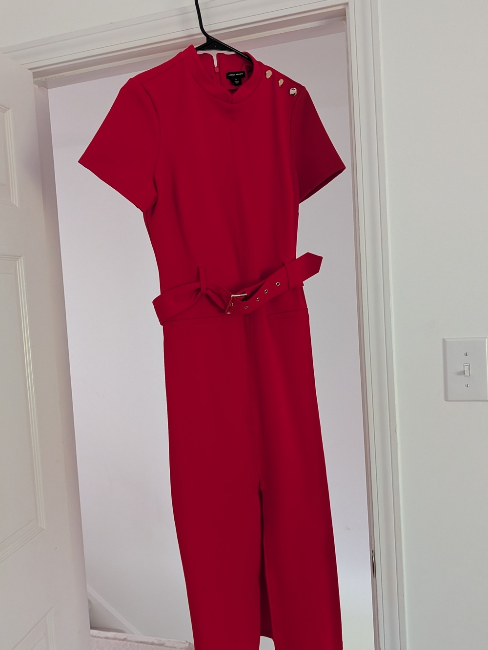 Karen Millen Red Short-Sleeve Dress with Gold Buttons